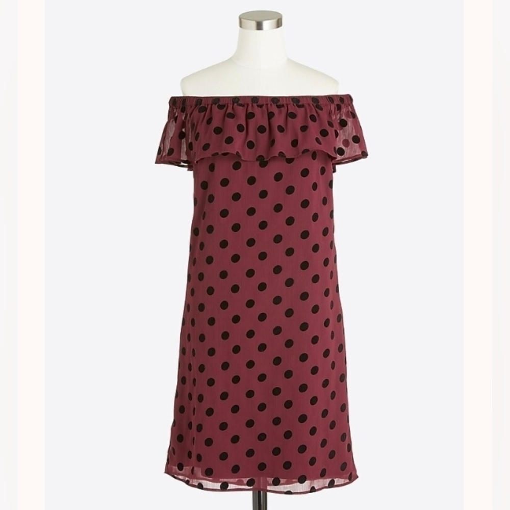 J. Crew Dress Off-the-shoulder Maroon Black Velvet Polka Dots, Size 0 Sleeveless
